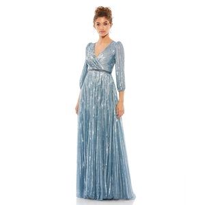 NWT Mac Duggal Sequined Wrap Over 3/4 Sleeve Slate Blue Gown Size 16